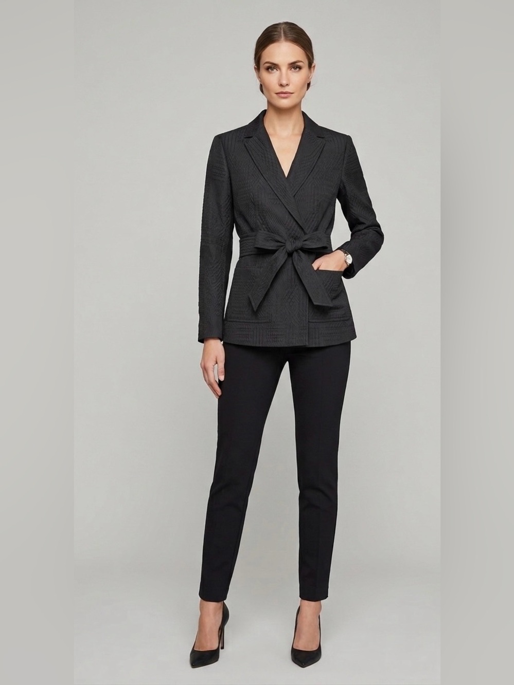 BCBG MaxAzria Textured Wrap Blazer with Waist Tie workwear career, office